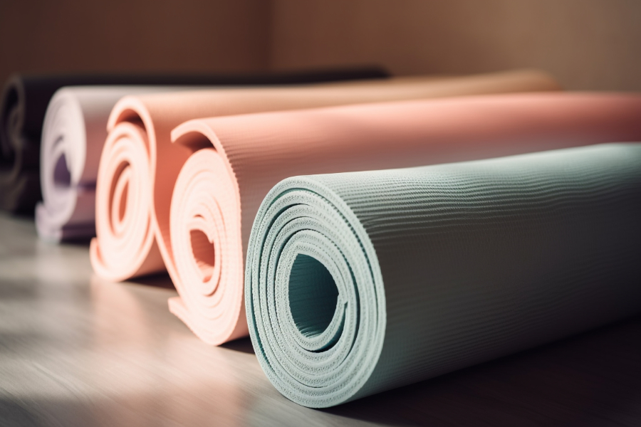 Aufgerollte Yogamatte, blaue Schaumstofffrische durch künstliche Intelligenz erzeugt